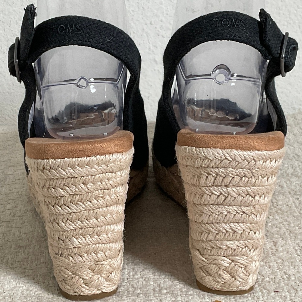 TOMS Black Canvas Peep Toe Espadrille Wedge Slingback Sandals 10022387 Womens 8 - Picture 2 of 14